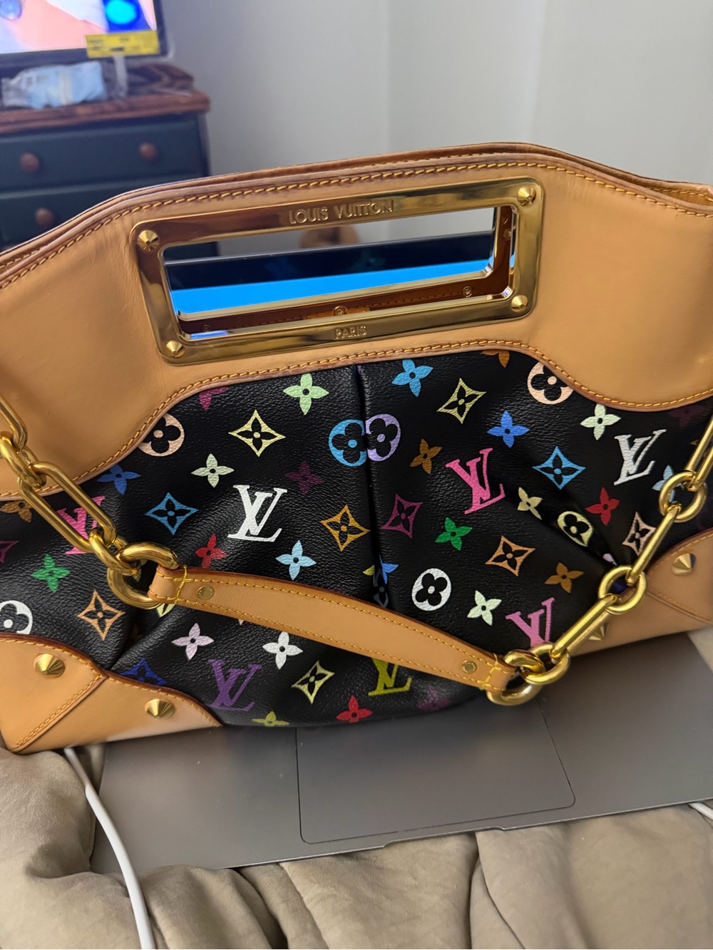 Louis Vuitton Black Multicolor Monogram Canvas Shoulder Bag with Tan Trim